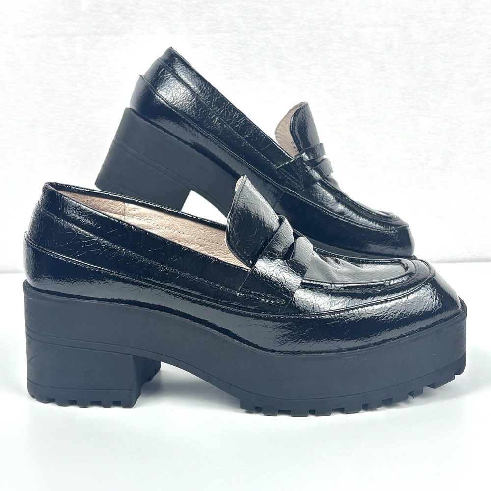 Gianni Bini Platform Penny Loafers Womens 7M Black Glossy Chunky Lug Heel Bratz